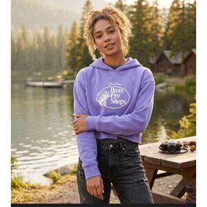Bass Pro Shops Womens Purple Cropped Hoodie Johnny Morris Logo Design S/P Cotton